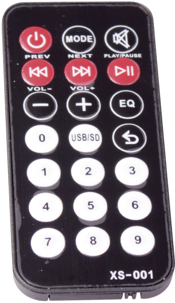 'Télécommande noire avec touches Précédent, Suivant, Lecture/Pause, Volume, Mode et numéros 0-9.'