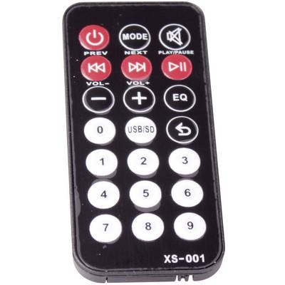 'Télécommande noire avec touches Précédent, Suivant, Lecture/Pause, Volume, Mode et numéros 0-9.'