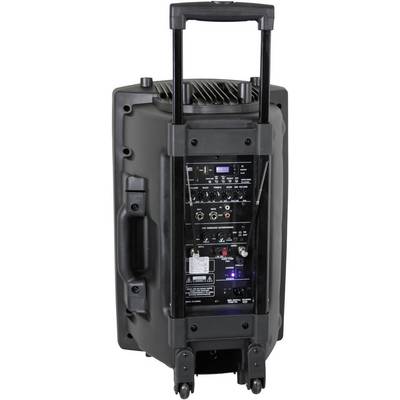 Vue arrière d'un haut-parleur portable à roulettes avec une poignée télescopique, montrant les connexions et les commandes pour les réglages audio.