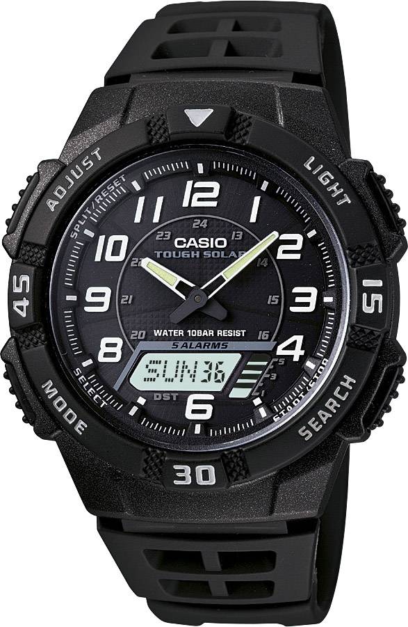 Montre-bracelet Casio noire à affichage numérique et analogique. Les aiguilles indiquent 10h10. L'écran LCD affiche '6 JUN' et l'heure.