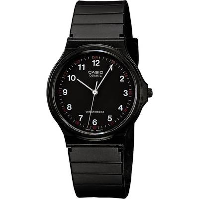 Montre-bracelet noire avec un cadran noir, des repères horaires blancs et des chiffres rouges pour l'affichage des 24 heures.