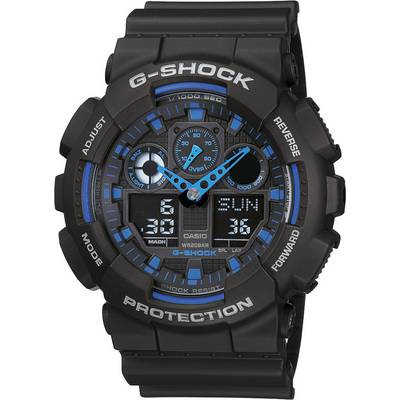 Montre Casio G-Shock noire avec cadran bleu, affichant l'heure analogique et numérique, design robuste, avec plusieurs fonctionnalités.