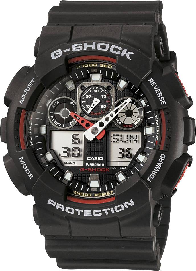 Montre Casio G-Shock noire avec cadran analogique et numérique, design robuste, détails rouges et blancs, affichage de l'heure et de la date.
