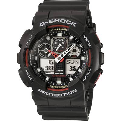 Montre Casio G-Shock noire avec cadran analogique et numérique, design robuste, détails rouges et blancs, affichage de l'heure et de la date.