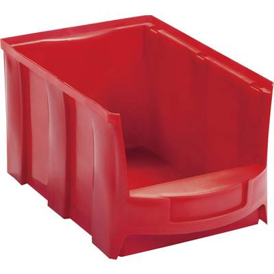 Boîte de rangement en plastique rouge avec ouverture frontale, idéale pour le stockage et l'accès rapide aux objets.