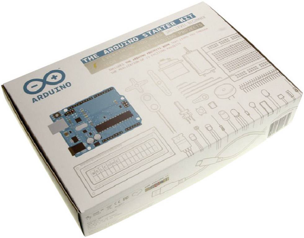 Kit de démarrage Arduino avec carte électronique illustrée et composants tels que résistances et LED sur l'emballage. Adapté aux projets d'apprentissage.