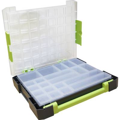 Boîte de rangement en plastique transparent avec plusieurs compartiments et poignée verte, adaptée au stockage de petits objets.