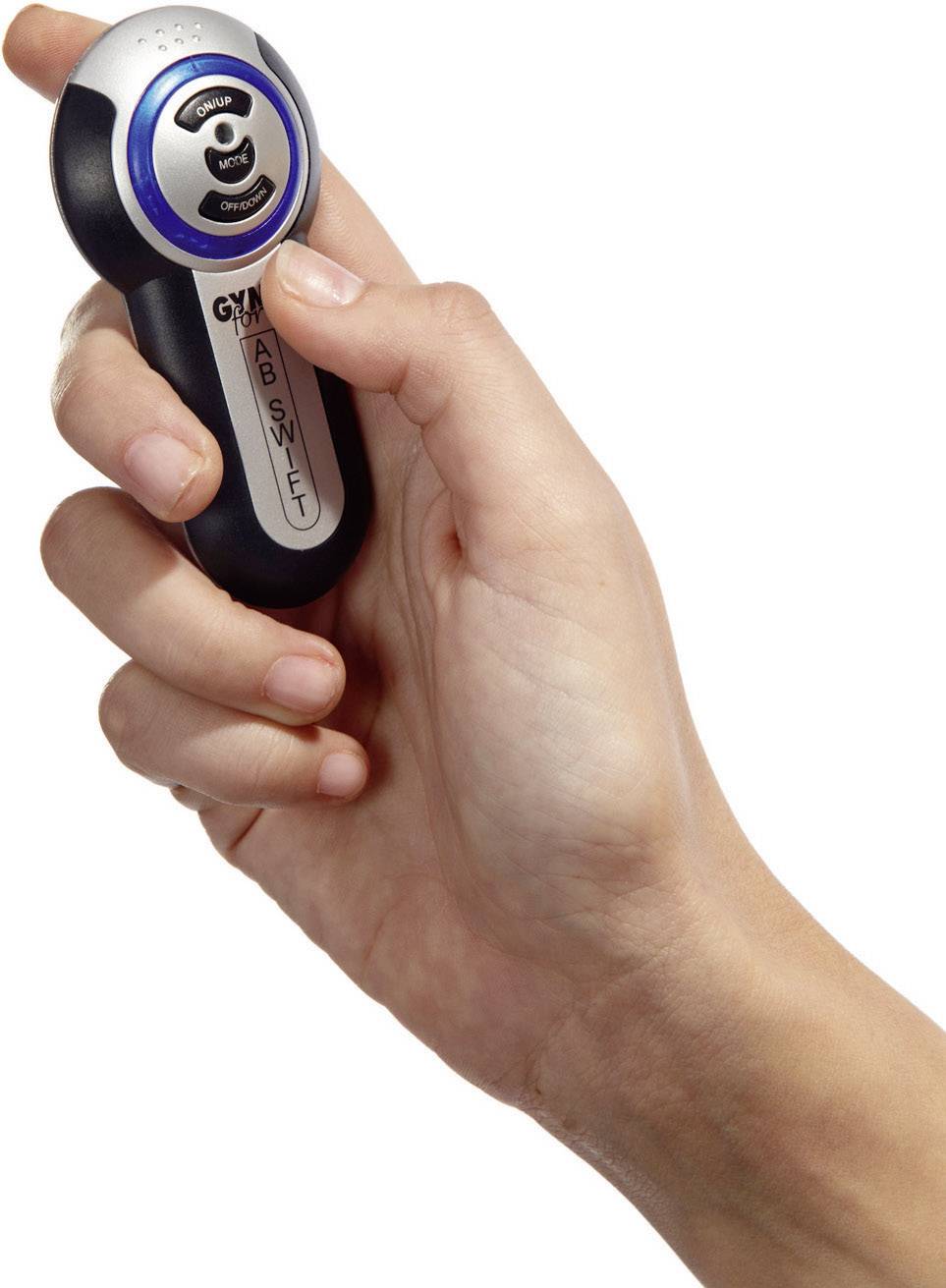 Une main tient un petit appareil d'entraînement noir et argenté portant l'inscription 'GYM'. L'appareil dispose de trois boutons étiquetés.
