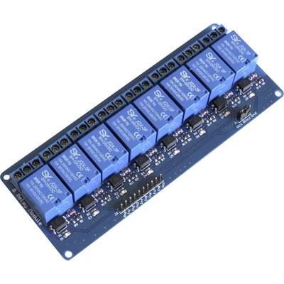 Une carte électronique bleue avec huit modules de relais bleus, conçus pour commander des circuits électroniques. Utilisée pour des projets impliquant des microprocesseurs.
