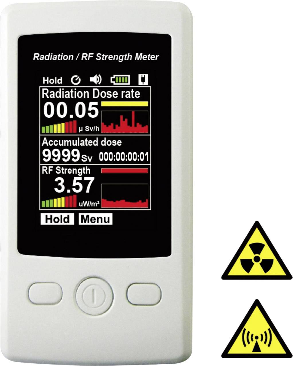 Un dosimètre indique un débit de dose de rayonnement de 0,05 µSv/h et une intensité de radiofréquence de 3,57 µW/m². Des symboles de danger radiologique sont visibles.