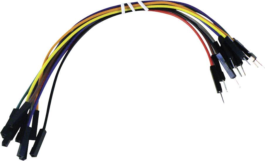 Câbles de jonction multicolores pour électronique, regroupés et munis de connecteurs, sur fond blanc.