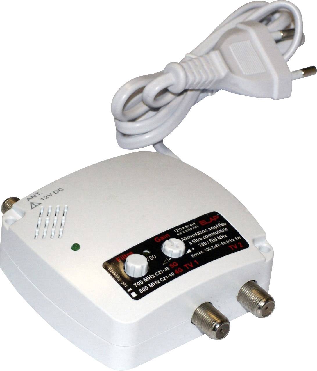 Appareil électronique doté de deux entrées TV et d'un câble secteur, utilisé pour amplifier le signal télévisuel.