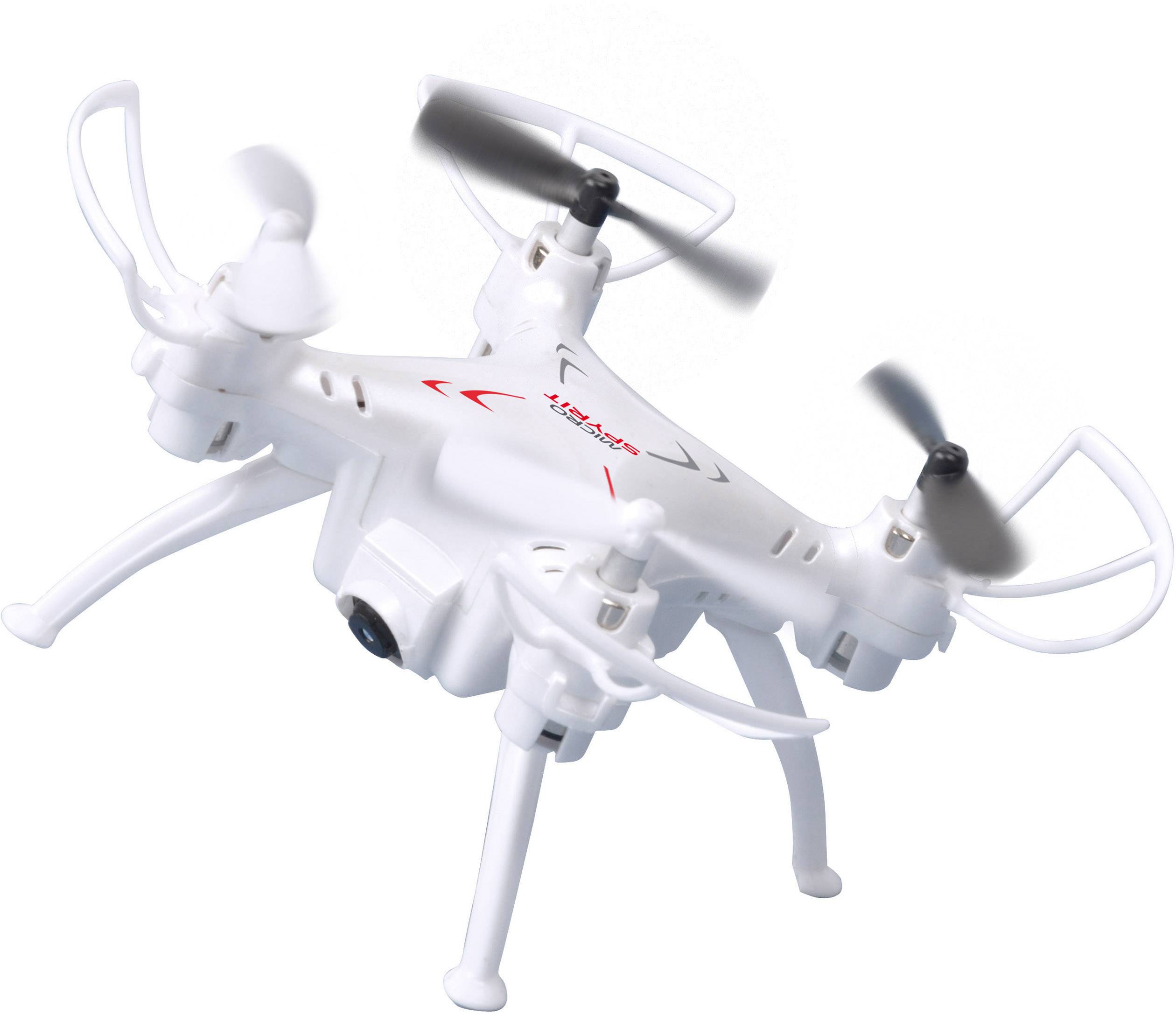 Un drone quadricoptère blanc avec quatre rotors vole dans les airs. Il est équipé d'une caméra sous sa carrosserie.