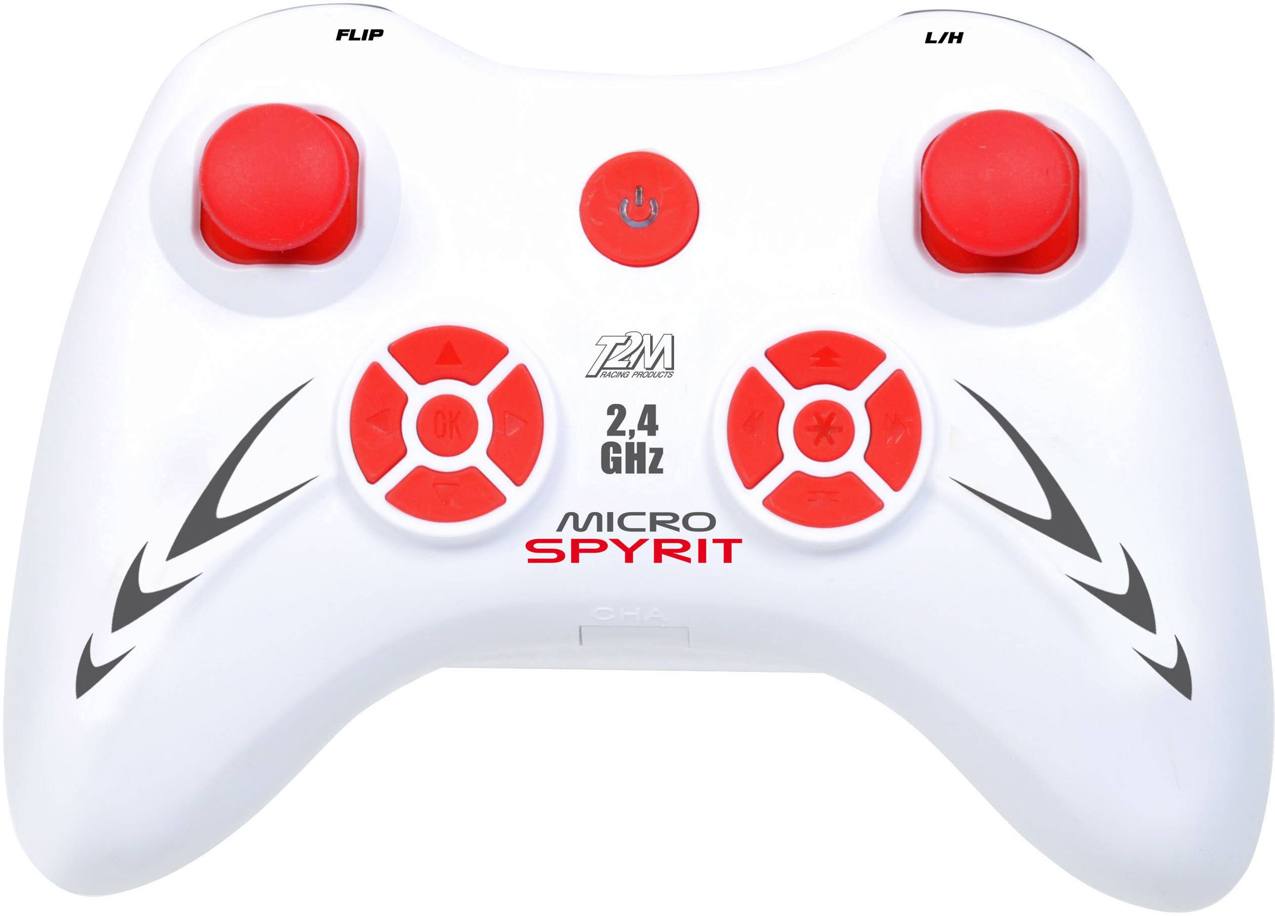 Une manette blanche avec des touches rouges, affichant l'inscription '2,4 GHz MICRO SPYRIT' et dotée de boutons de commande pour modèles radiocommandés.