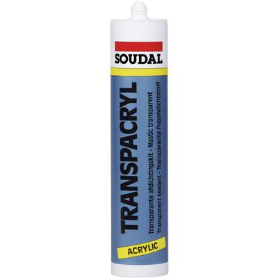 Cartouche portant l'inscription 'Soudal Mastic Acrylique Transparent'. Contient un mastic d'étanchéité transparent pour les joints.
