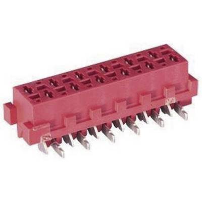 Un connecteur rouge avec deux rangées de broches métalliques en bas.