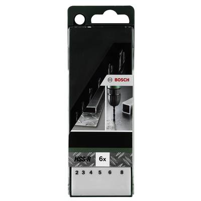 Emballage contenant un coffret de forets HSS-R Bosch, 6 pièces. Comprend des diamètres de forets de 2 à 8 mm, adapté à l'usinage des métaux.
