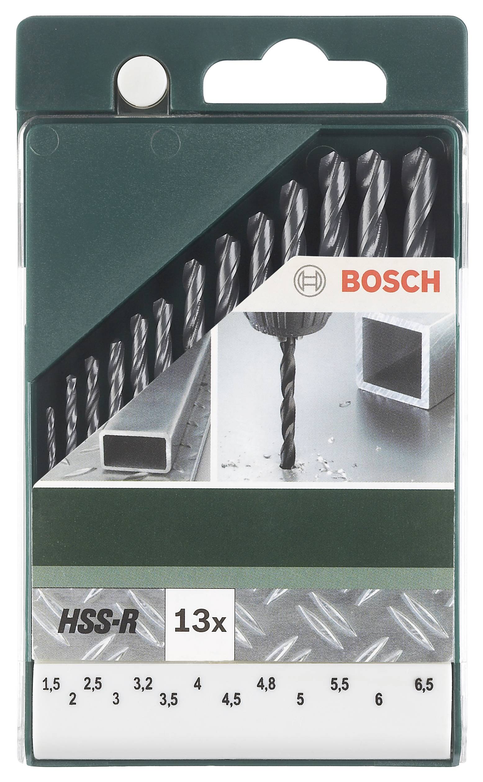Coffret de 13 forets métalliques HSS-R de Bosch, tailles de forets de 1,5 à 6,5 mm, avec illustration d'un foret et profil métallique.