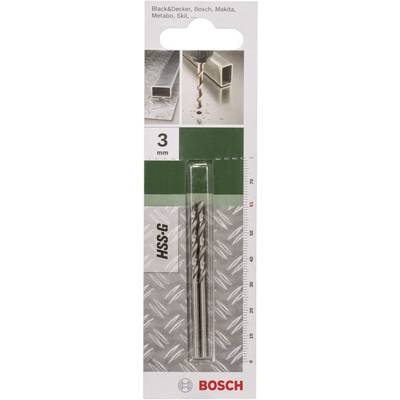 Coffret de forets Bosch, contenant un foret HSS-G de 3 mm pour métaux, illustré avec des plaques métalliques et des copeaux de perçage à titre d'exemple d'application.
