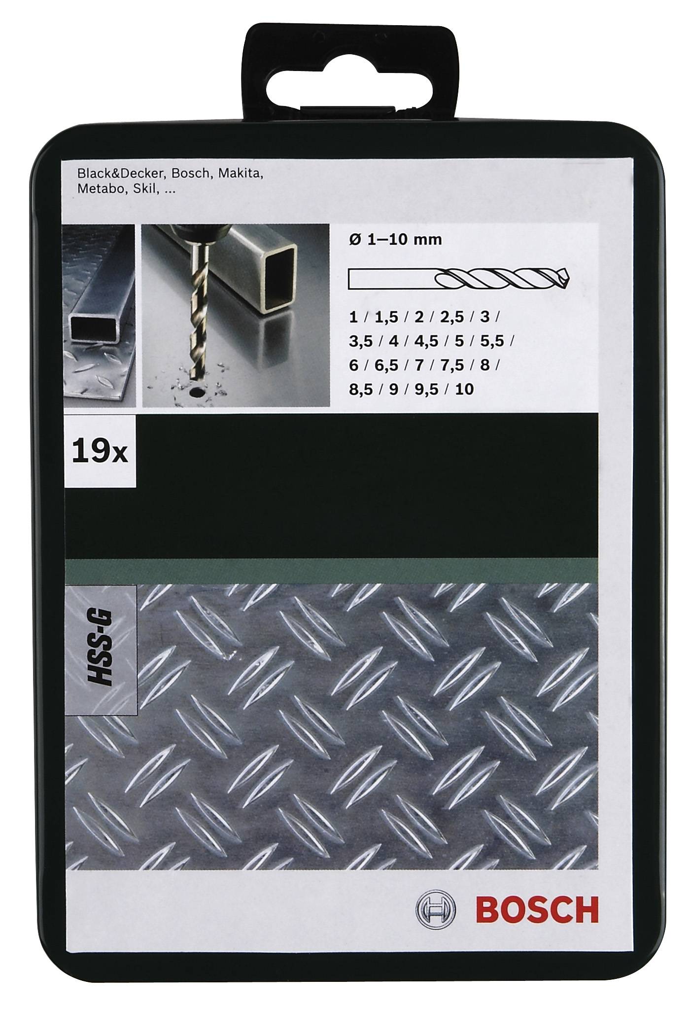 Coffret de forets Bosch de 19 pièces, adapté aux perçages métalliques. L'emballage indique les tailles de forets et leur compatibilité avec différentes marques.