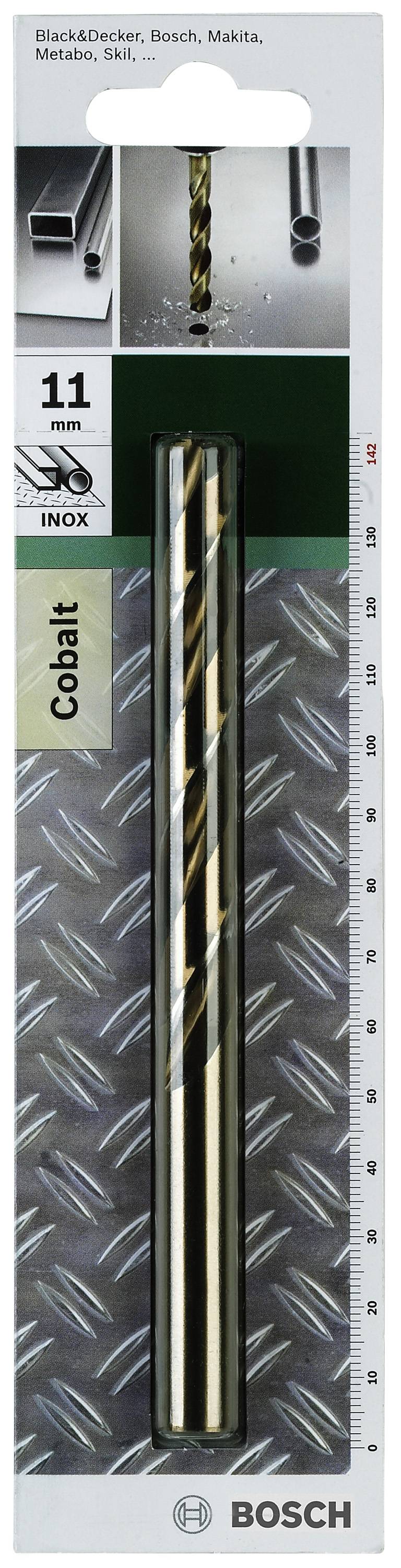 Forets en cobalt, diamètre de 11 mm, adaptés pour l'acier inoxydable. L'emballage présente le foret et ses possibilités d'utilisation.