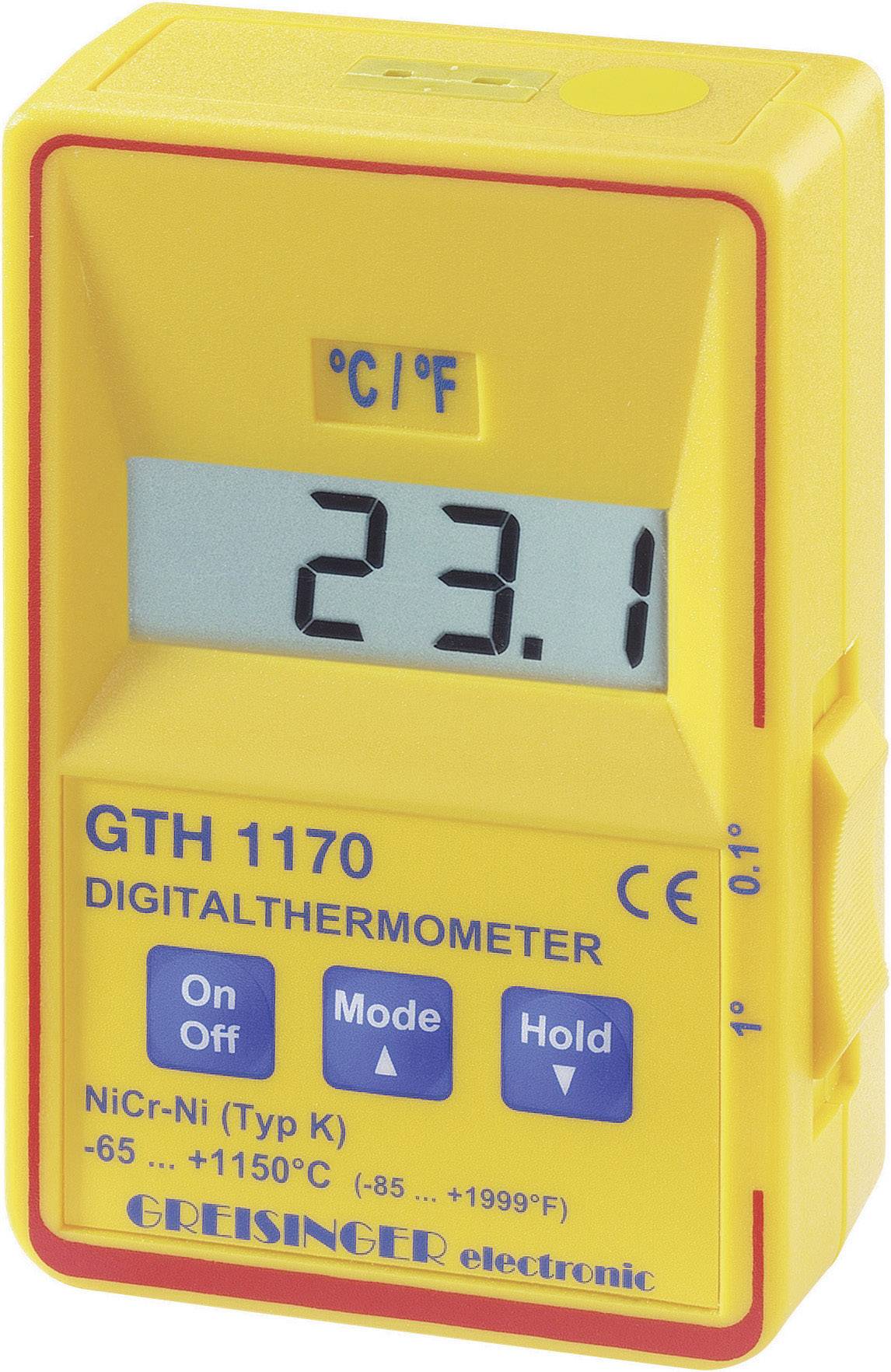 Thermomètre numérique GTH 1170 affiche 23,1 degrés Celsius sur un écran. Boîtier jaune, adapté aux mesures NiCr-Ni de -65 à +1150°C.