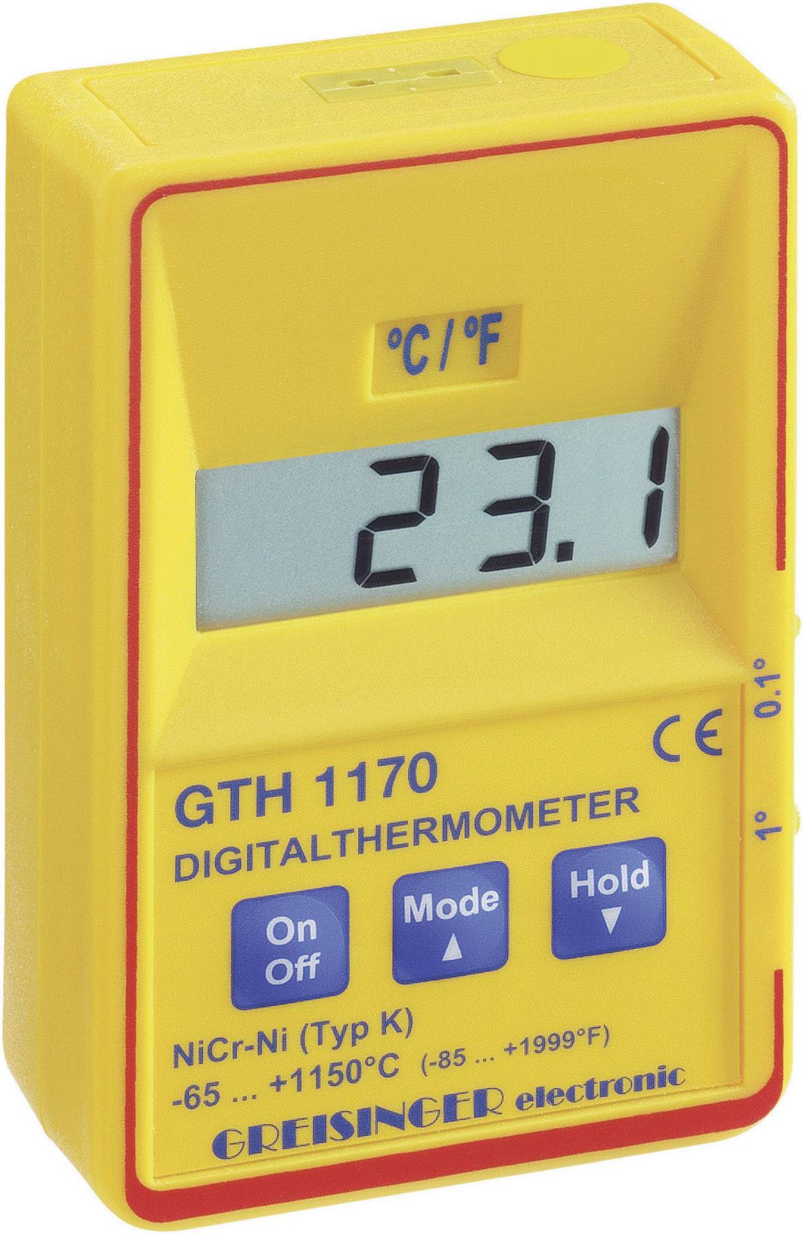 Un thermomètre numérique jaune affiche une température de 23,1 °C. Le numéro de modèle GTH 1170 est imprimé dessus.