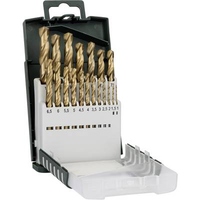 Coffret de forets avec 13 forets hélicoïdaux dorés de différentes tailles, allant de 1,5 mm à 6,5 mm, rangés dans un étui en plastique ouvert.