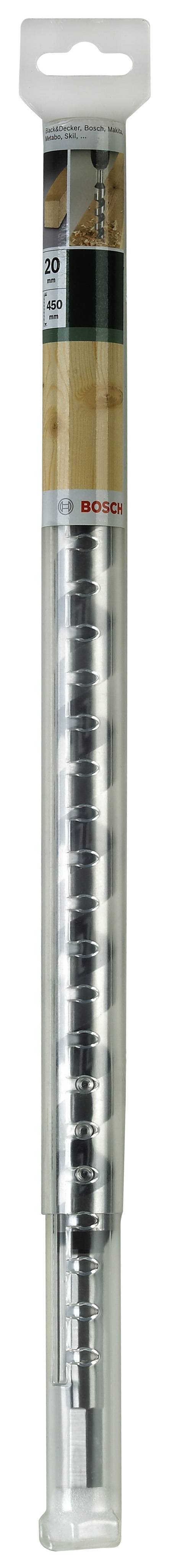 Foret emballé avec tige argentée, adapté aux travaux sur bois. L'emballage présente une image de bois percé en guise d'application.