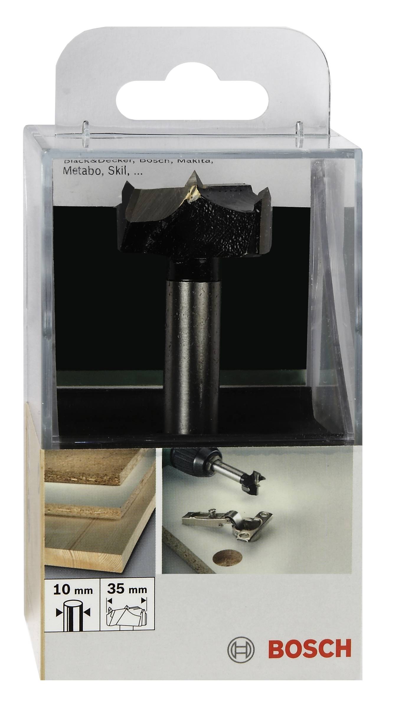Un foret à bois Bosch dans son emballage. Adapté pour un perçage précis dans le bois, indiquant un diamètre de perçage de 10 mm et une longueur de perçage de 35 mm.