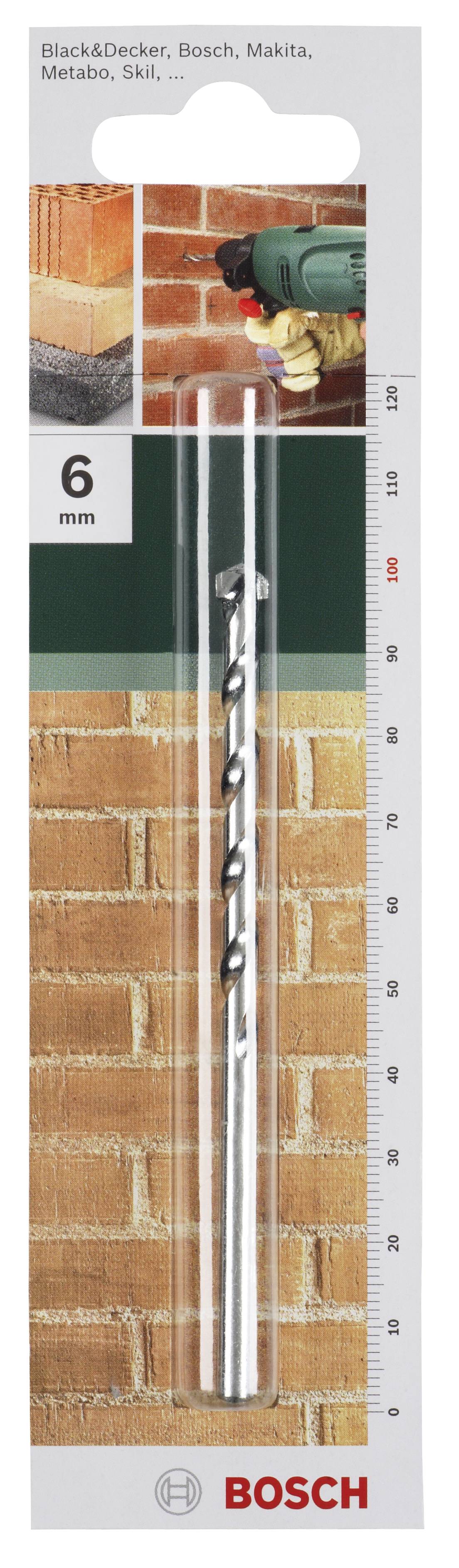 'Foret Bosch, 6 mm, pour briques. Emballage avec image d'un foret en action. Compatible avec Black&Decker, Bosch, Makita, Metabo.'