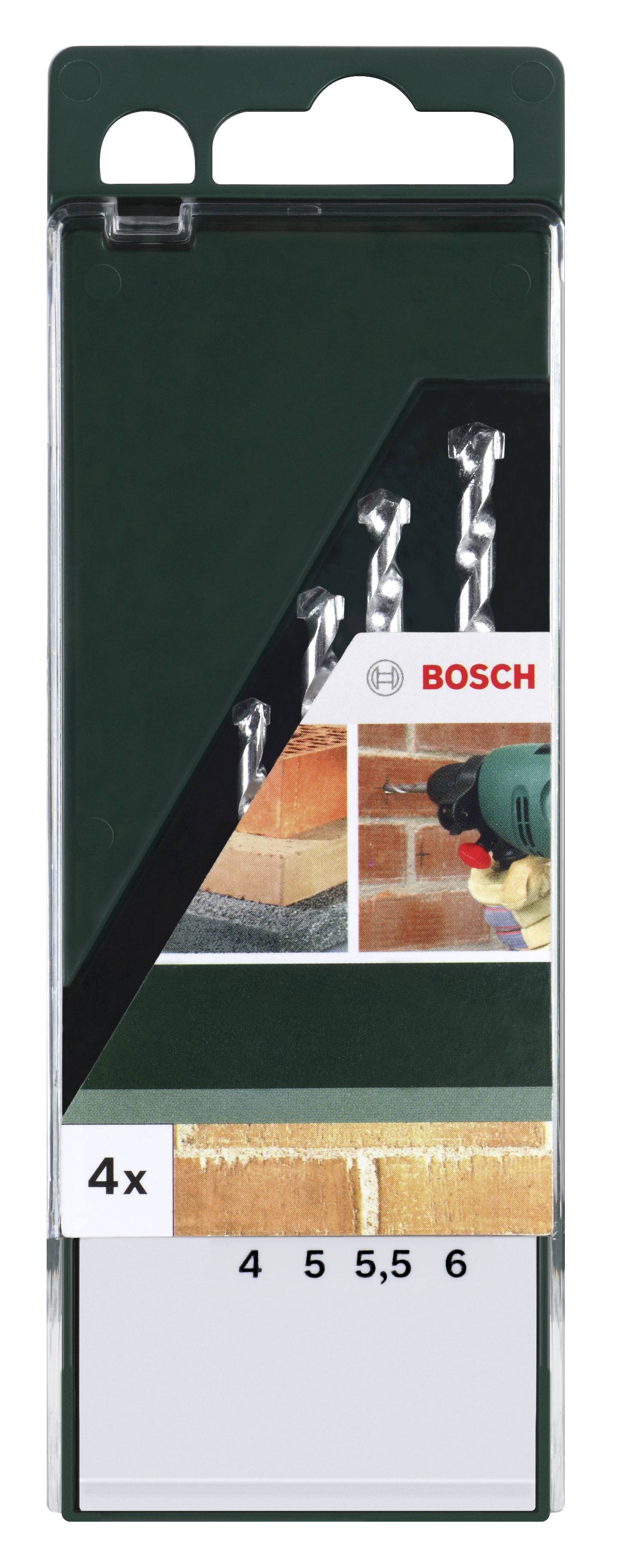 Coffret de forets avec image d'une perceuse en action sur un mur de briques. Contient 4 forets Bosch : tailles 4, 5, 5,5, 6 mm.
