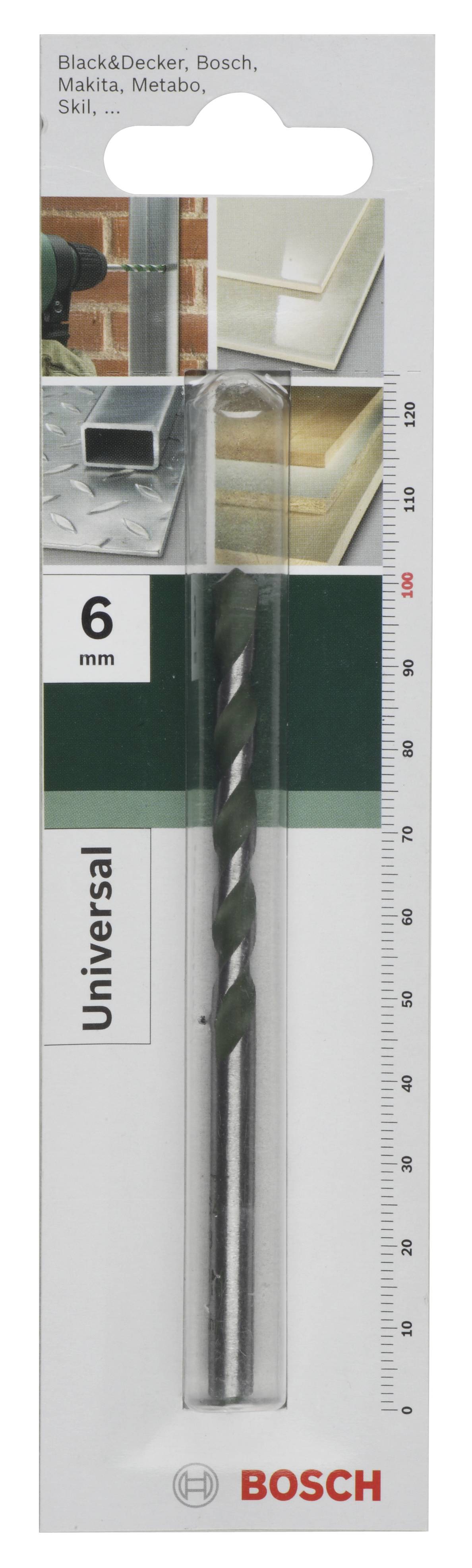 Emballage d'un foret universel Bosch de 6 mm. Adapté aux marques telles que Black & Decker, Makita et autres. Contient des images des applications.