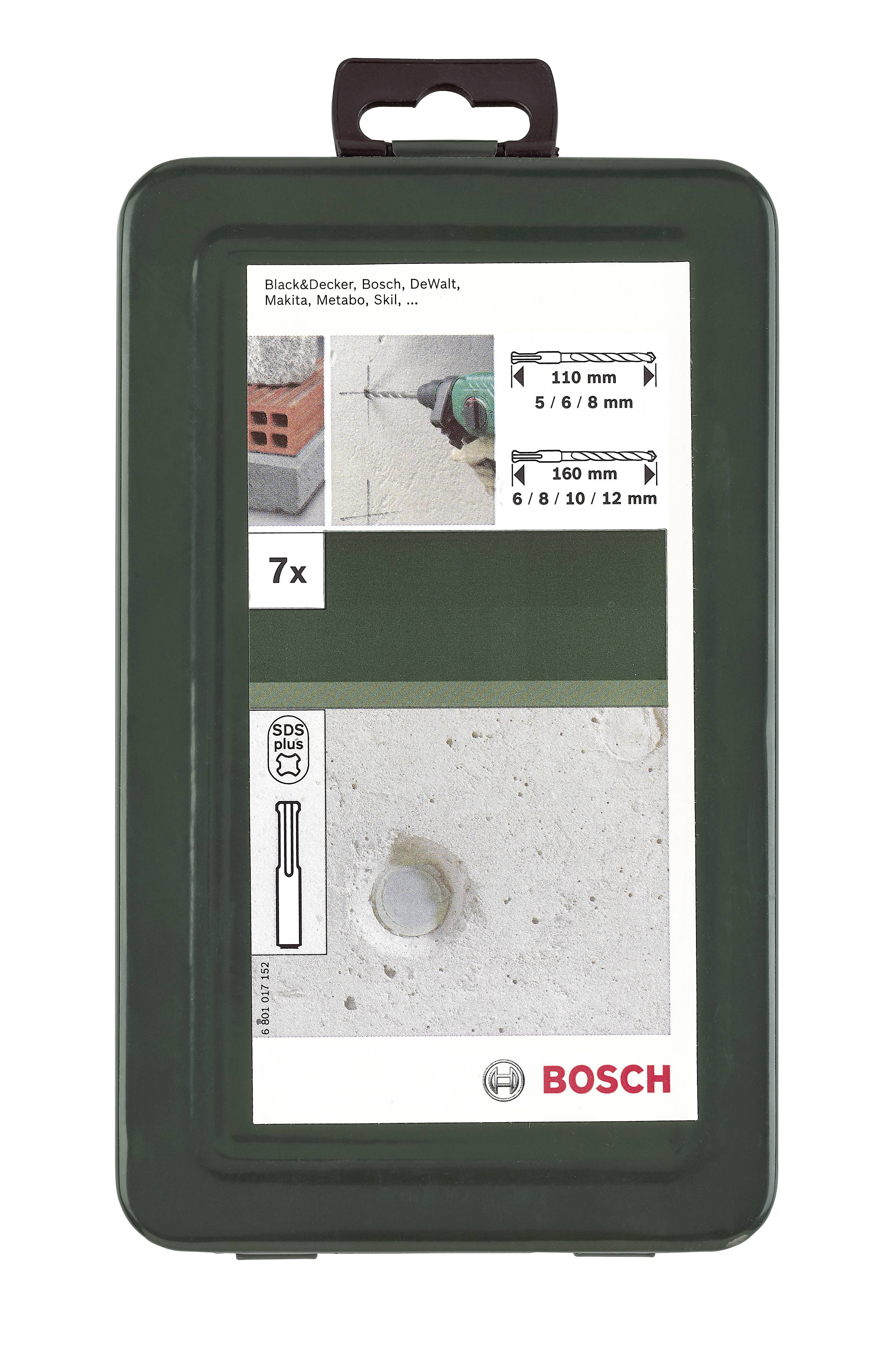 Emballage d'un coffret de forets 7 pièces, illustrant le processus de perçage et les dimensions 5-12 mm. Marques : Bosch, Dewalt, Makita, Metabo.