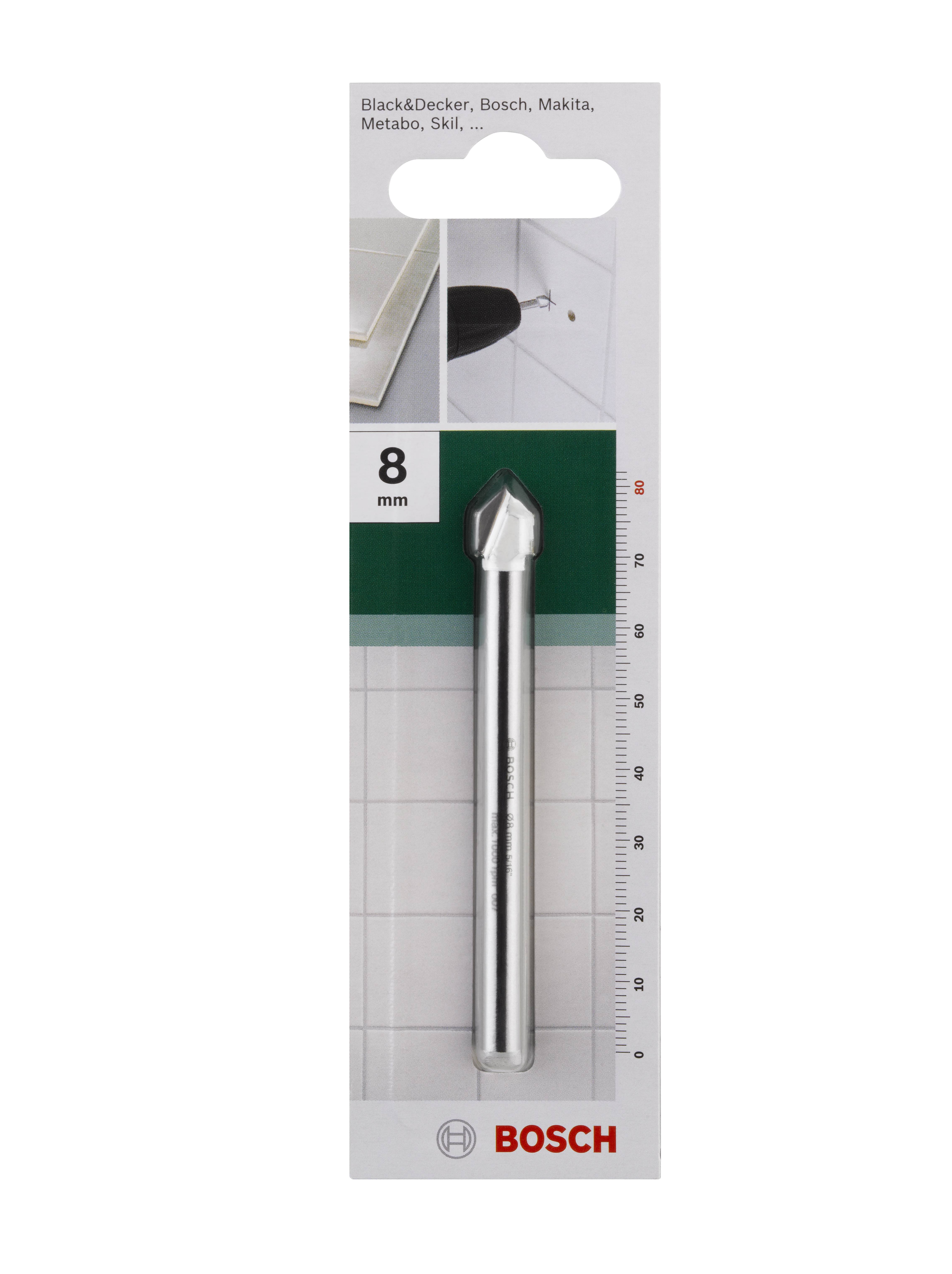 Foret carrelage Bosch de 8 mm dans son emballage, adapté aux carreaux céramiques. L'emballage présente le foret avec un échelle de mesure et une illustration de son utilisation sur des carreaux.