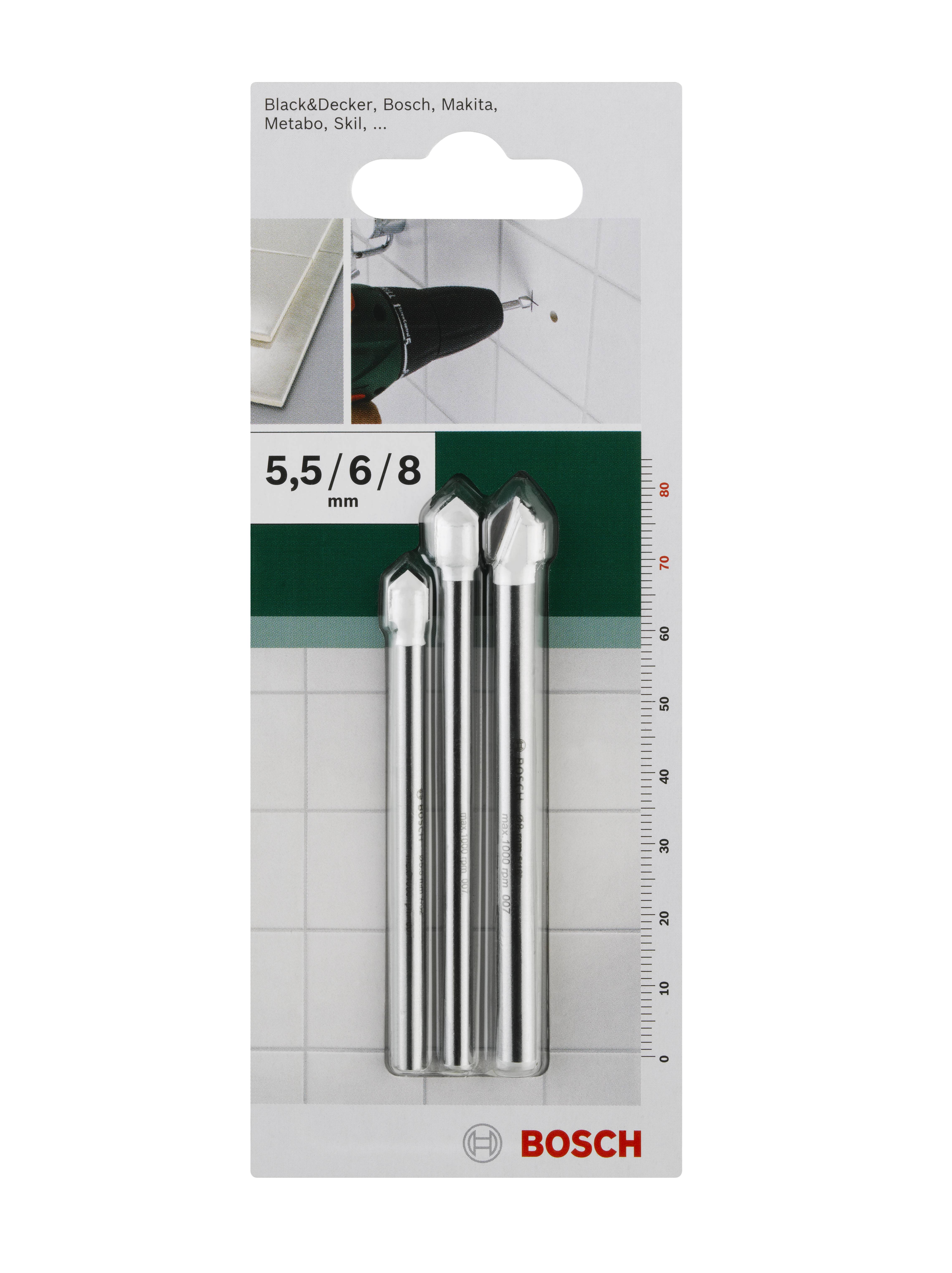 Emballage de forets à carrelage Bosch pour perceuses, trois tailles : 5,5 mm, 6 mm, 8 mm. Adaptés aux carrelages et à la céramique.