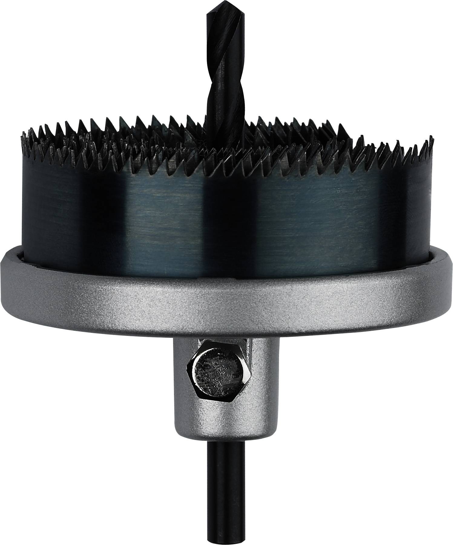 Couronne de forage équipée de plusieurs scies de tailles différentes, montée sur un support métallique avec un foret central.