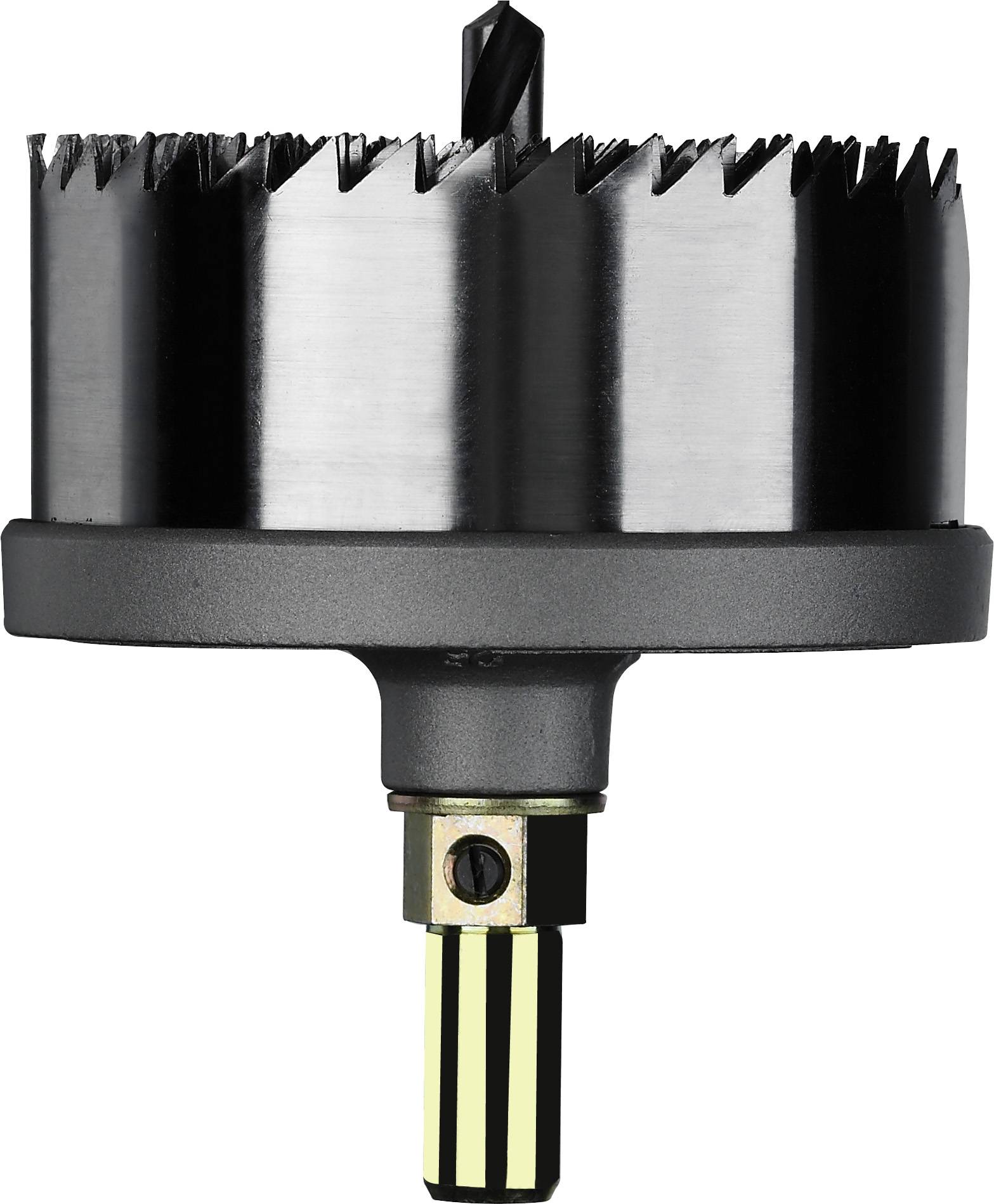 Lame de scie en métal avec bord denté cylindrique, fixée sur une tête de forage. Utilisée pour des coupes circulaires sur des surfaces métalliques.