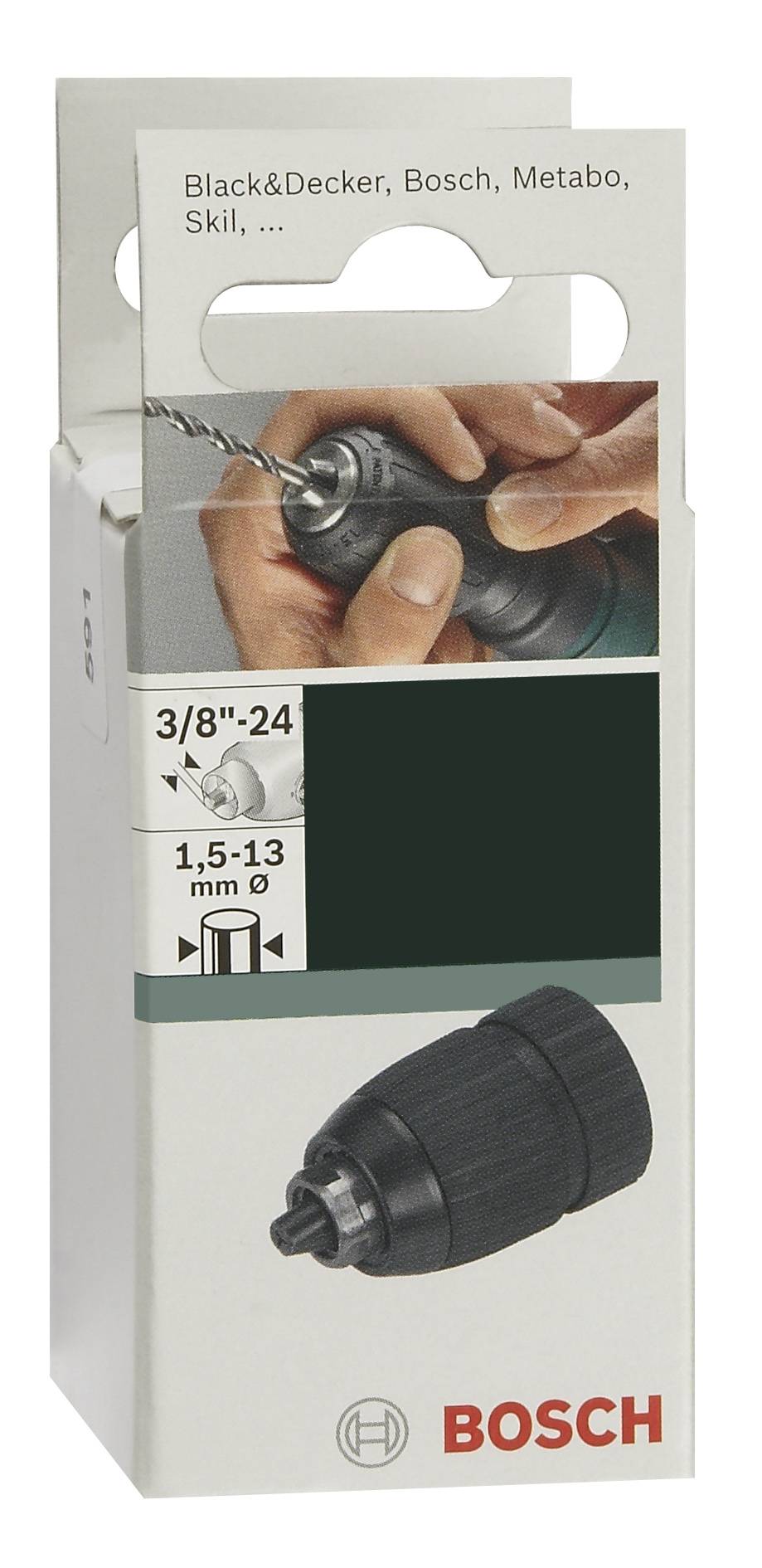 Accessoires de visseuse-perceuse en emballage avec illustration d'un mandrin à serrage rapide, compatible avec des marques comme Bosch et Skil, 1,5-13 mm.