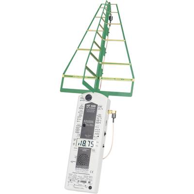 L'image montre un appareil de mesure à haute fréquence doté d'une antenne logarithmique périodique vert et jaune. L'écran affiche '118,75'.