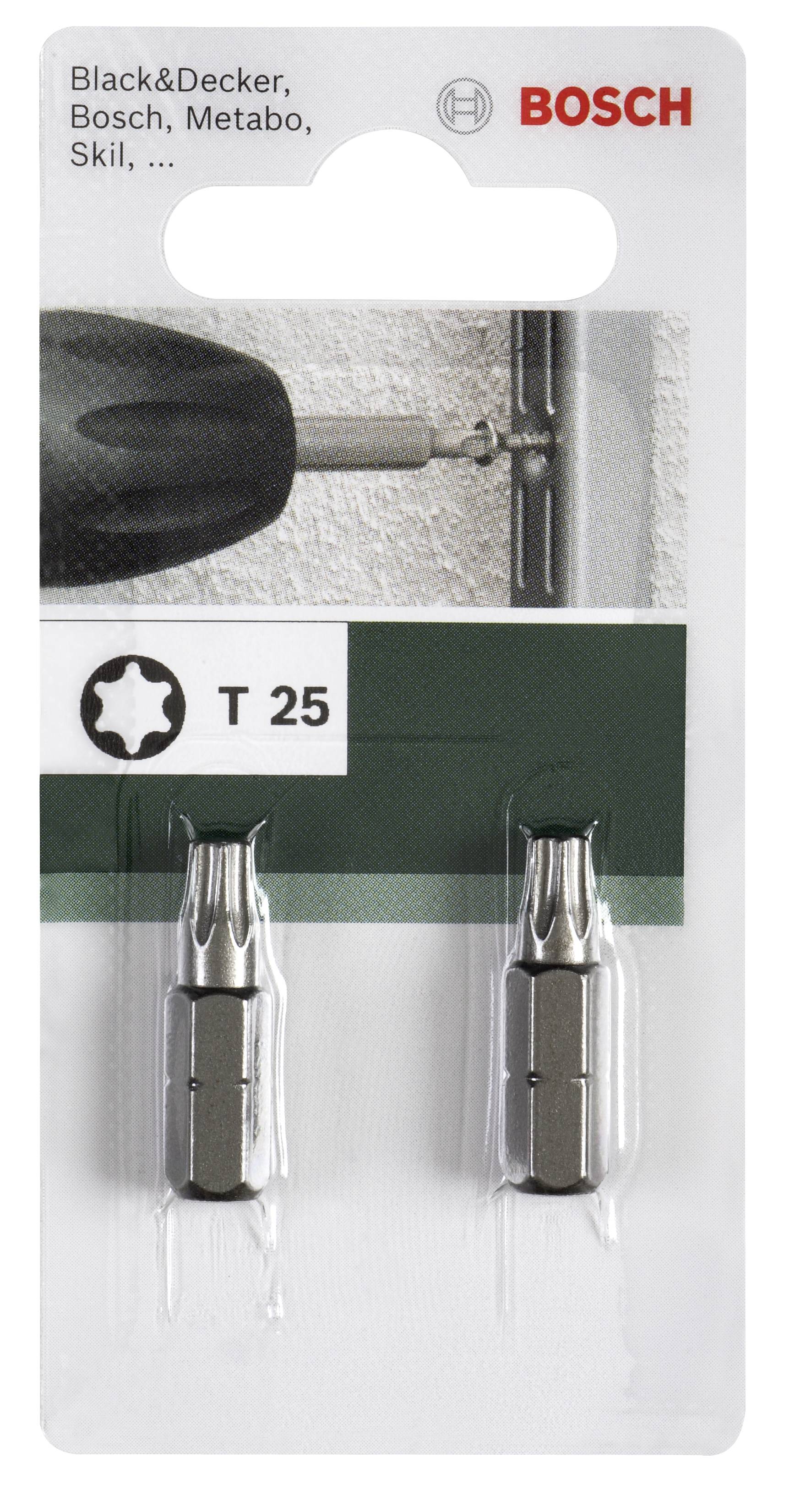 Emballage contenant deux embouts de tournevis, Torx T25, adaptés aux marques telles que Black&Decker, Bosch, Metabo, Skil. Nom de marque 'Bosch'.