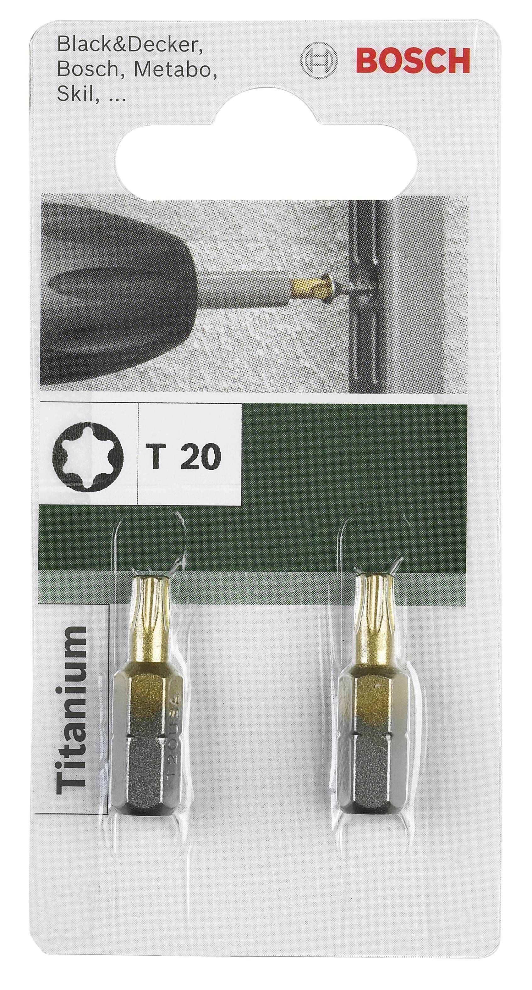 Emballage de embouts Torx T20 en titane, compatibles avec Black&Decker, Bosch, Metabo, Skil. Deux embouts illustrés dans un blister.