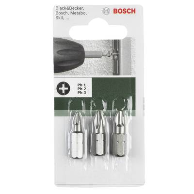 Emballage contenant trois embouts de tournevis pour des marques comme Black&Decker et Bosch, tailles : Ph 1, Ph 2, Ph 3. Logo Bosch en haut.