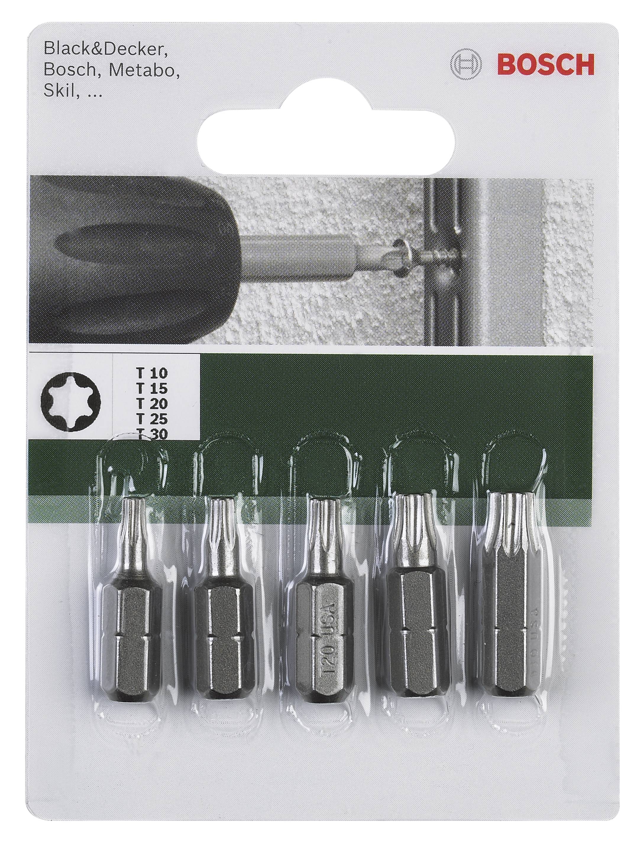 Un ensemble de cinq embouts de tournevis Torx, compatibles avec différentes marques telles que Black & Decker et Bosch, présenté sur un blister.