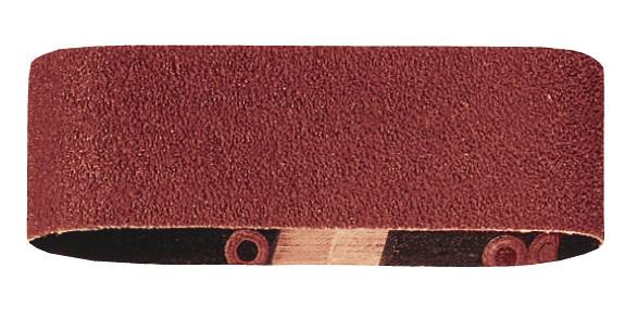 Un ruban de ponçage rouge de forme rectangulaire, utilisé pour les ponceuses à bande. Il présente une surface rugueuse et granuleuse.