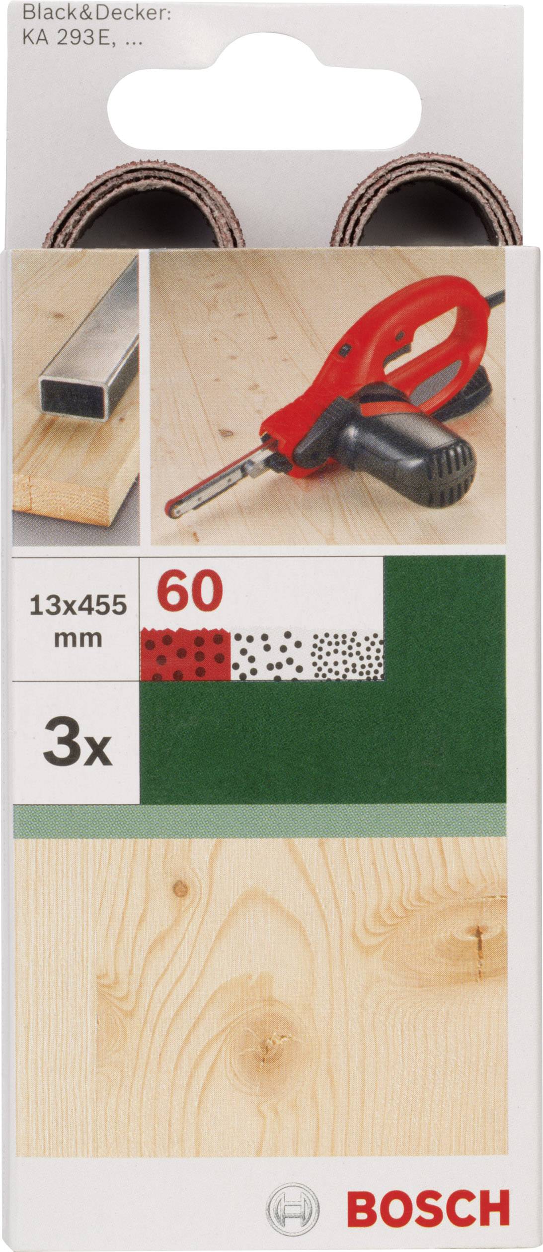 Lot de bandes abrasives Bosch, 3 pièces de dimensions 13x455 mm, grain 60. Convient pour le bois et le métal. L'emballage illustre les applications.
