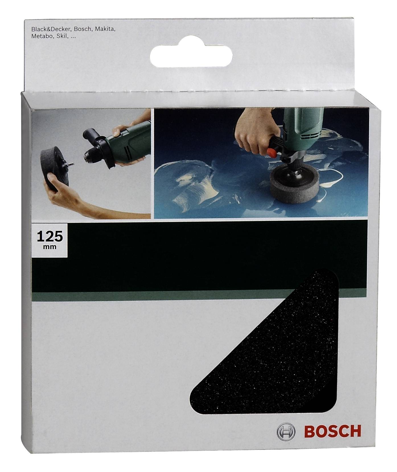 Emballage d'un disque à tronçonner de Bosch. Montre le disque en action sur une surface. Diamètre de 125 mm.