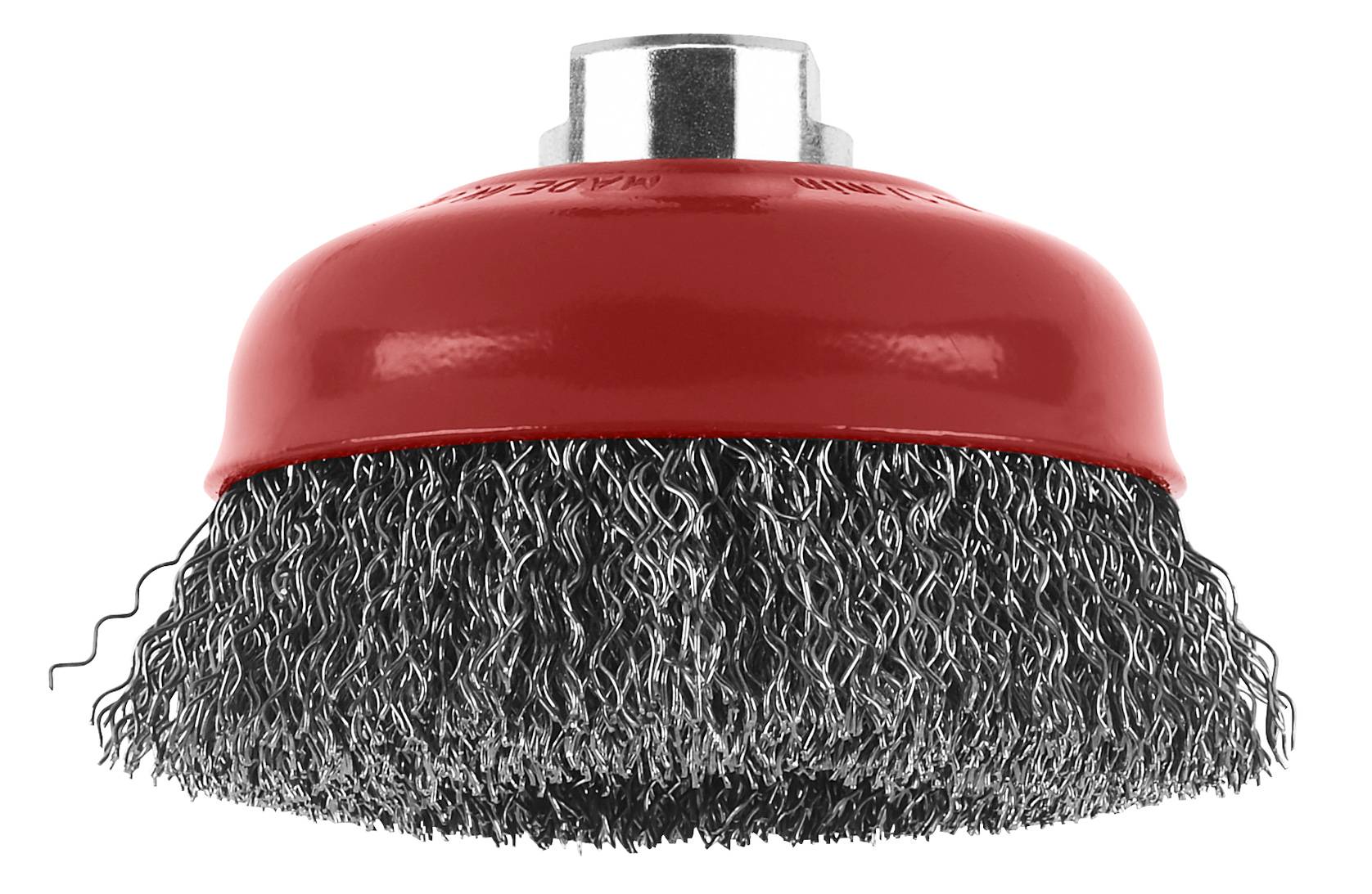 Accessoire de brosse métallique circulaire avec boîtier rouge, utilisé pour poncer ou éliminer la rouille et la peinture sur des surfaces.