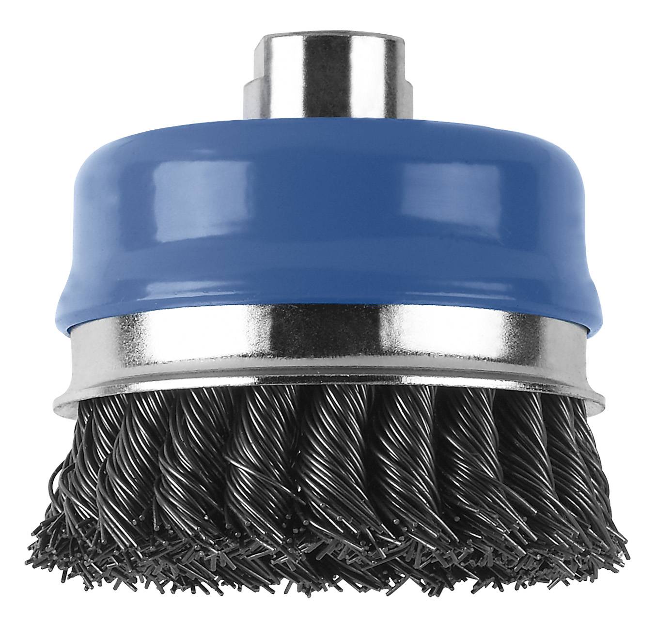 Embout à brosse métallique avec boîtier en plastique bleu pour perceuses, adapté pour éliminer la rouille ou la peinture sur des surfaces métalliques.