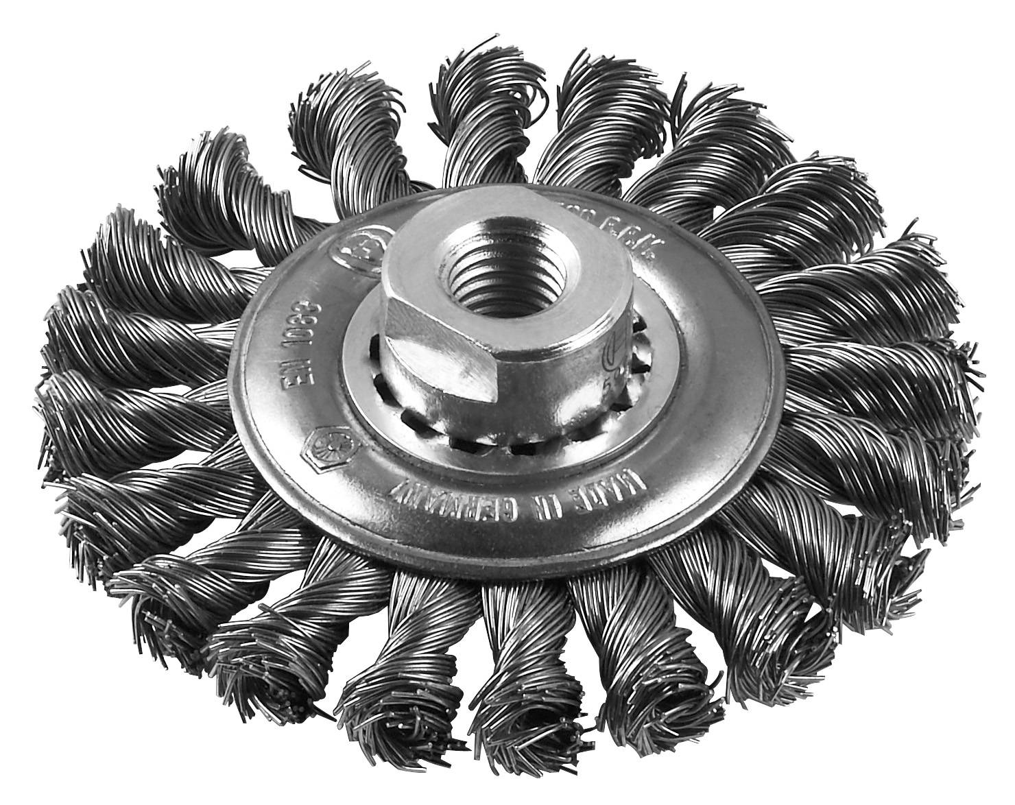 'Brosse circulaire en fil d'acier torsadé avec écrou de fixation central, adaptée aux travaux de nettoyage et de ponçage intensifs.'